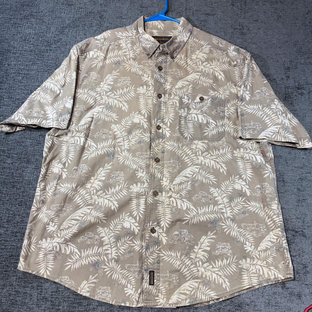 Woolrich Button Down Shirt XL Tan Tropical Palm Leaf Jeep Print Short Sleeve